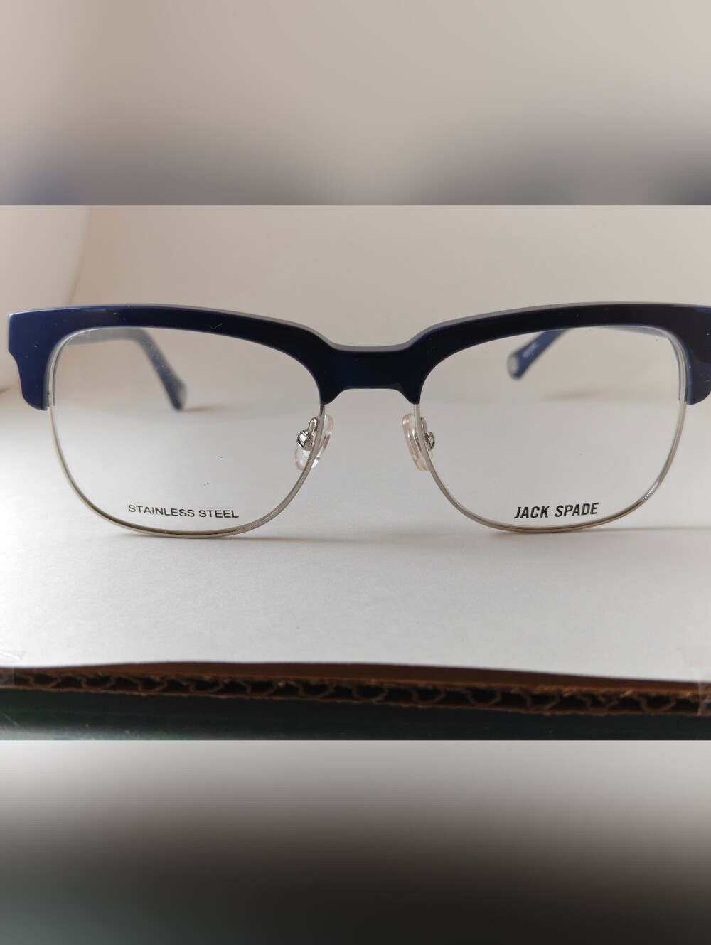 Jack Spade Navy and Silver Semi-Rim Eyeglass Frames. Stapleton. Red Enhancement.
